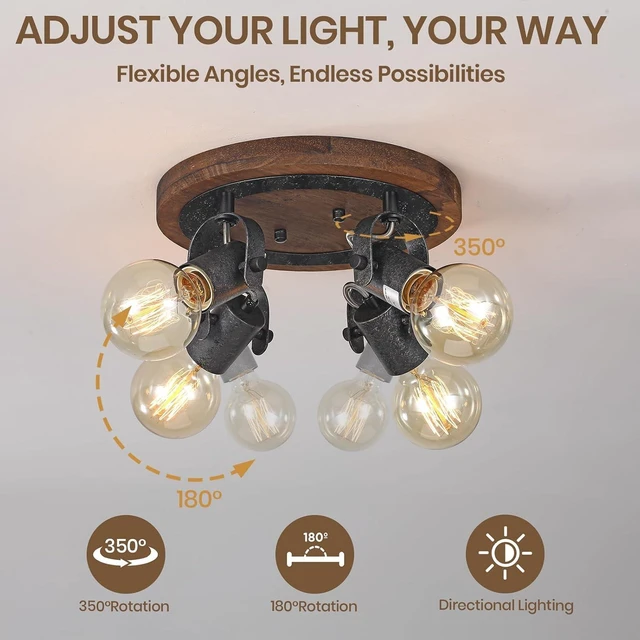 Alt view image 6 of 7 - Rustic Track Lighting Fixtures Ceiling, 4-Light Farmhouse Flush Mount Ceiling Light, Dark Wood and Distressed Black Metal Directional Kitchen Lighting Fixtures for Hallway Dining Room
