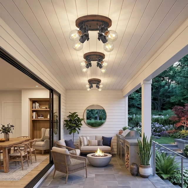 Alt view image 7 of 7 - Rustic Track Lighting Fixtures Ceiling, 4-Light Farmhouse Flush Mount Ceiling Light, Dark Wood and Distressed Black Metal Directional Kitchen Lighting Fixtures for Hallway Dining Room