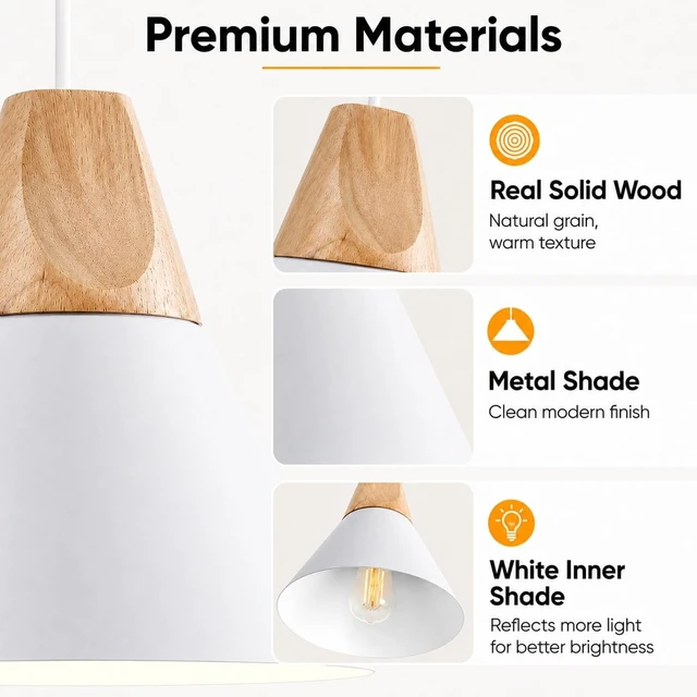 Alt view image 2 of 7 - Modern Plug in Pendant Light,Haning Light with 16.4ft Cord, On/Off Switch,Hanging Light with Plug in,Solid Wood,Matte White