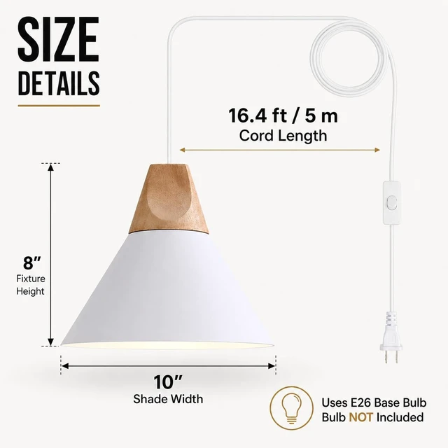 Alt view image 3 of 7 - Modern Plug in Pendant Light,Haning Light with 16.4ft Cord, On/Off Switch,Hanging Light with Plug in,Solid Wood,Matte White