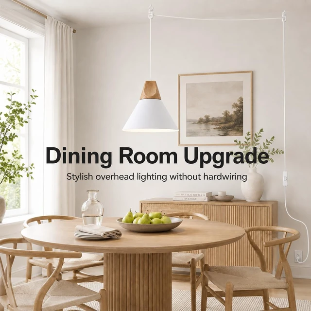 Alt view image 4 of 7 - Modern Plug in Pendant Light,Haning Light with 16.4ft Cord, On/Off Switch,Hanging Light with Plug in,Solid Wood,Matte White