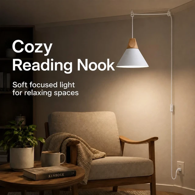 Alt view image 5 of 7 - Modern Plug in Pendant Light,Haning Light with 16.4ft Cord, On/Off Switch,Hanging Light with Plug in,Solid Wood,Matte White