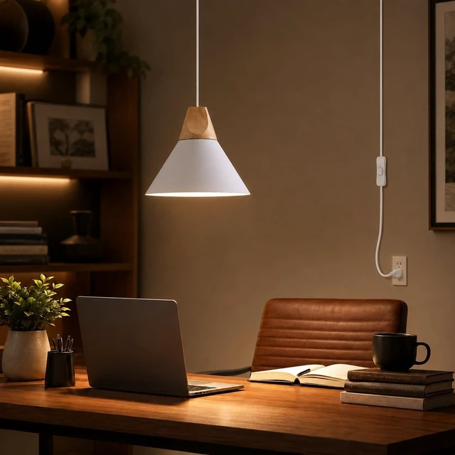 Alt view image 6 of 7 - Modern Plug in Pendant Light,Haning Light with 16.4ft Cord, On/Off Switch,Hanging Light with Plug in,Solid Wood,Matte White