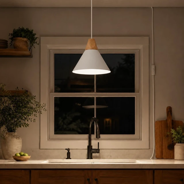 Alt view image 7 of 7 - Modern Plug in Pendant Light,Haning Light with 16.4ft Cord, On/Off Switch,Hanging Light with Plug in,Solid Wood,Matte White