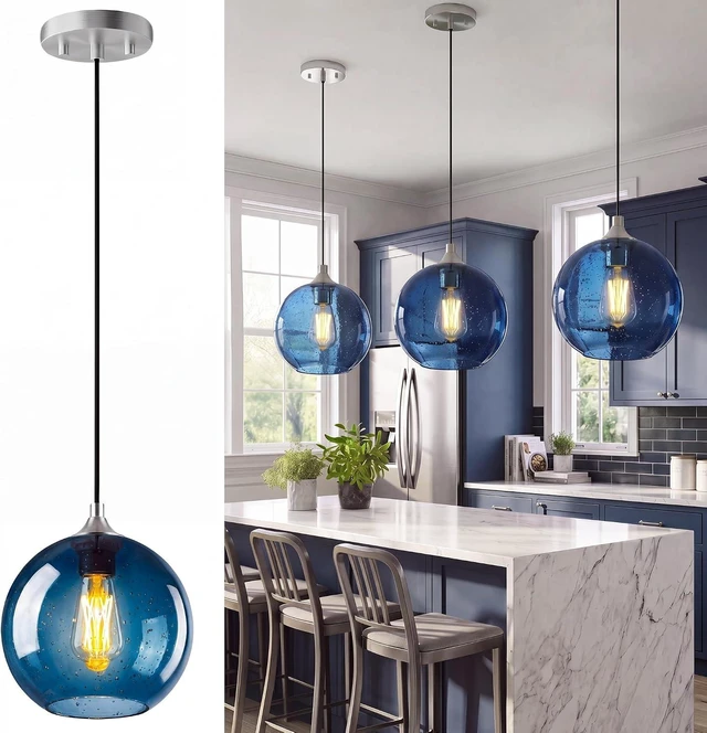 Main image of NIORSUN Pendant Lights Kitchen Island 3 Pack, Blue Glass Pendant Light Fixtures with Clear Globe Shade, Adjustable Height Design, Modern Kitchen Island Lighting for Dining Room, Bedroom (7.87in)