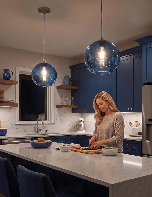 Alt view image 2 of 7 - NIORSUN Pendant Lights Kitchen Island 3 Pack, Blue Glass Pendant Light Fixtures with Clear Globe Shade, Adjustable Height Design, Modern Kitchen Island Lighting for Dining Room, Bedroom (7.87in)