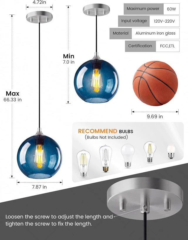 Alt view image 3 of 7 - NIORSUN Pendant Lights Kitchen Island 3 Pack, Blue Glass Pendant Light Fixtures with Clear Globe Shade, Adjustable Height Design, Modern Kitchen Island Lighting for Dining Room, Bedroom (7.87in)
