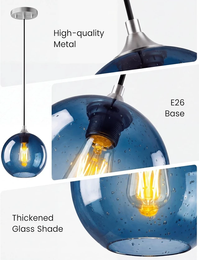 Alt view image 4 of 7 - NIORSUN Pendant Lights Kitchen Island 3 Pack, Blue Glass Pendant Light Fixtures with Clear Globe Shade, Adjustable Height Design, Modern Kitchen Island Lighting for Dining Room, Bedroom (7.87in)