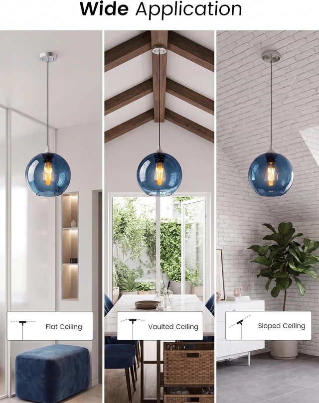 Alt view image 6 of 7 - NIORSUN Pendant Lights Kitchen Island 3 Pack, Blue Glass Pendant Light Fixtures with Clear Globe Shade, Adjustable Height Design, Modern Kitchen Island Lighting for Dining Room, Bedroom (7.87in)