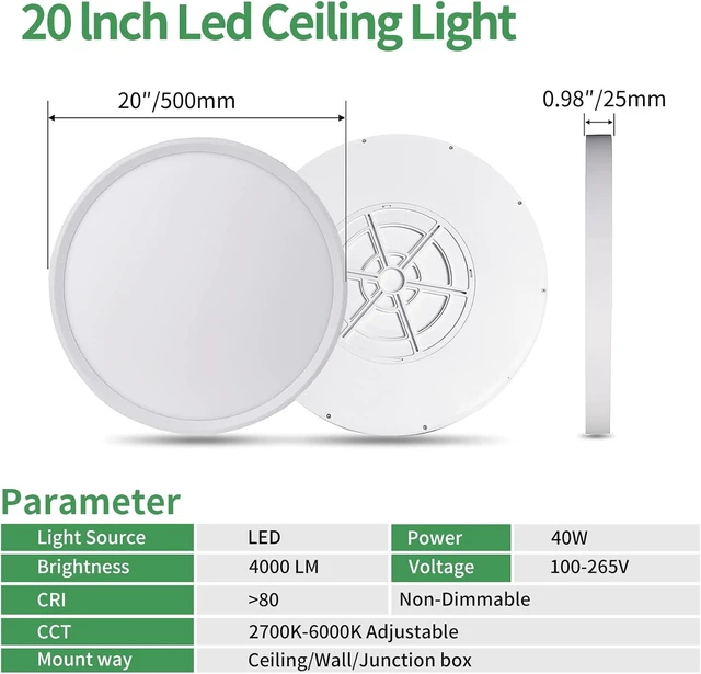 Alt view image 4 of 7 - 20 Inch Large LED Ceiling Light with Remote,Dimmable,2700-6000K,40W,4000LM