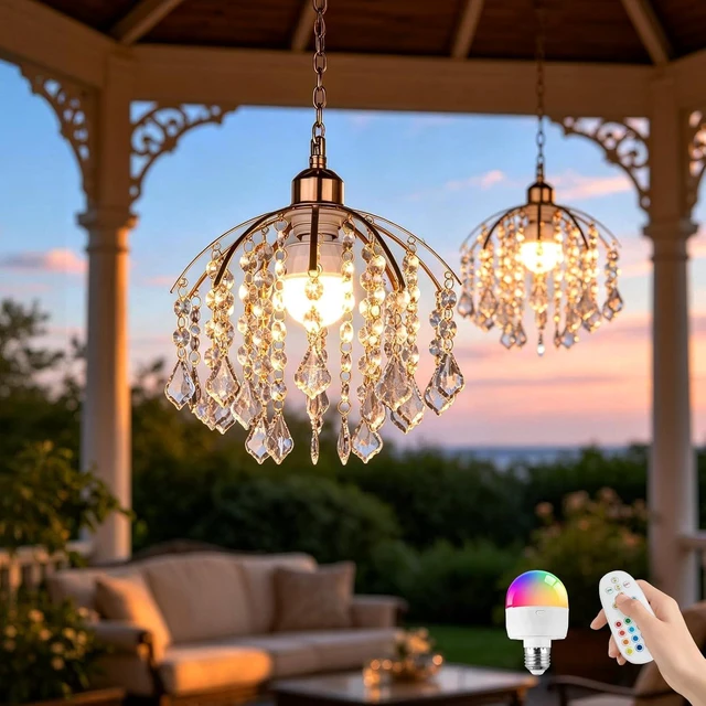 Main image of 2 Pack Battery Operated Chandeliers, Small Crystal Chandelier with 5000mAh RGB Dimmable Lamp, No Wiring Rechargeable Pendant Ceiling Light with Remote for Bedroom Indoor, Covered Outdoor Patio Porch