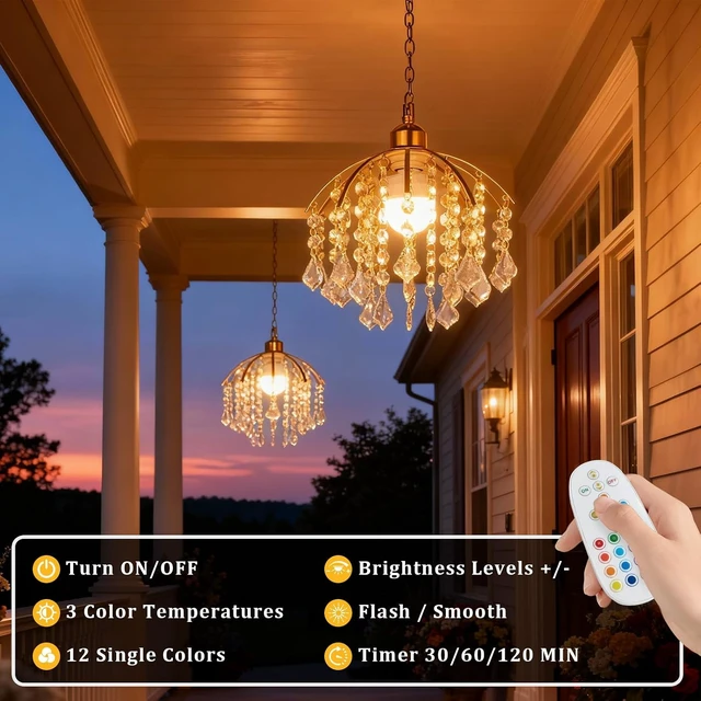 Alt view image 4 of 7 - 2 Pack Battery Operated Chandeliers, Small Crystal Chandelier with 5000mAh RGB Dimmable Lamp, No Wiring Rechargeable Pendant Ceiling Light with Remote for Bedroom Indoor, Covered Outdoor Patio Porch