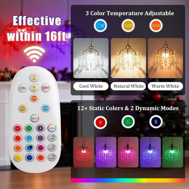 Alt view image 3 of 7 - 2 Pack Battery Operated Chandeliers, Small Crystal Chandelier with 5000mAh RGB Dimmable Lamp, No Wiring Rechargeable Pendant Ceiling Light with Remote for Bedroom Indoor, Covered Outdoor Patio Porch