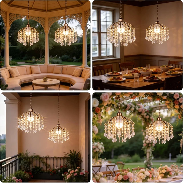 Alt view image 6 of 7 - 2 Pack Battery Operated Chandeliers, Small Crystal Chandelier with 5000mAh RGB Dimmable Lamp, No Wiring Rechargeable Pendant Ceiling Light with Remote for Bedroom Indoor, Covered Outdoor Patio Porch