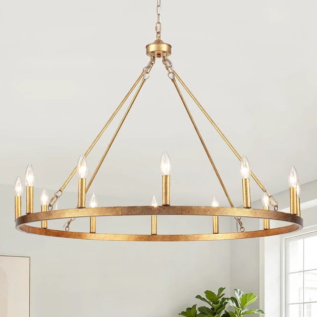 Main image of Vintage Gold Wagon Wheel Chandelier, 12 Lights 38 Large Rustic Farmhouse Chandelier, Antique Brass Round Pendant Light Fixtures Ceiling Hanging for Entryway Foyer Porch Outdoor Dining Room Kitchen