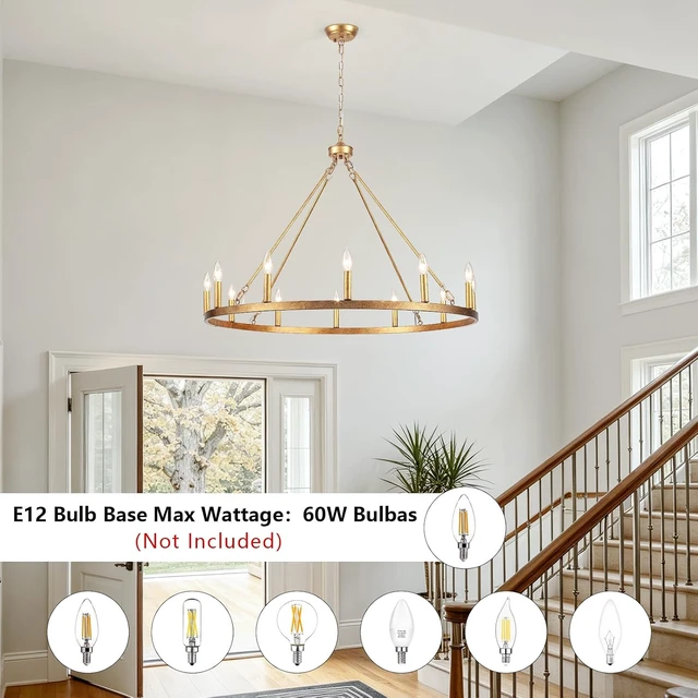 Alt view image 3 of 7 - Vintage Gold Wagon Wheel Chandelier, 12 Lights 38 Large Rustic Farmhouse Chandelier, Antique Brass Round Pendant Light Fixtures Ceiling Hanging for Entryway Foyer Porch Outdoor Dining Room Kitchen