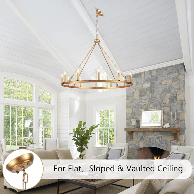 Alt view image 4 of 7 - Vintage Gold Wagon Wheel Chandelier, 12 Lights 38 Large Rustic Farmhouse Chandelier, Antique Brass Round Pendant Light Fixtures Ceiling Hanging for Entryway Foyer Porch Outdoor Dining Room Kitchen