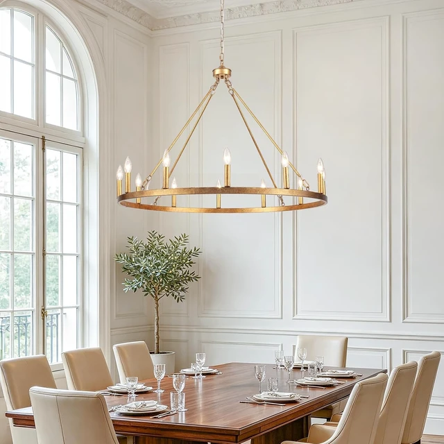 Alt view image 5 of 7 - Vintage Gold Wagon Wheel Chandelier, 12 Lights 38 Large Rustic Farmhouse Chandelier, Antique Brass Round Pendant Light Fixtures Ceiling Hanging for Entryway Foyer Porch Outdoor Dining Room Kitchen