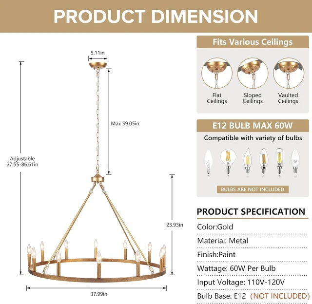 Alt view image 7 of 7 - Vintage Gold Wagon Wheel Chandelier, 12 Lights 38 Large Rustic Farmhouse Chandelier, Antique Brass Round Pendant Light Fixtures Ceiling Hanging for Entryway Foyer Porch Outdoor Dining Room Kitchen