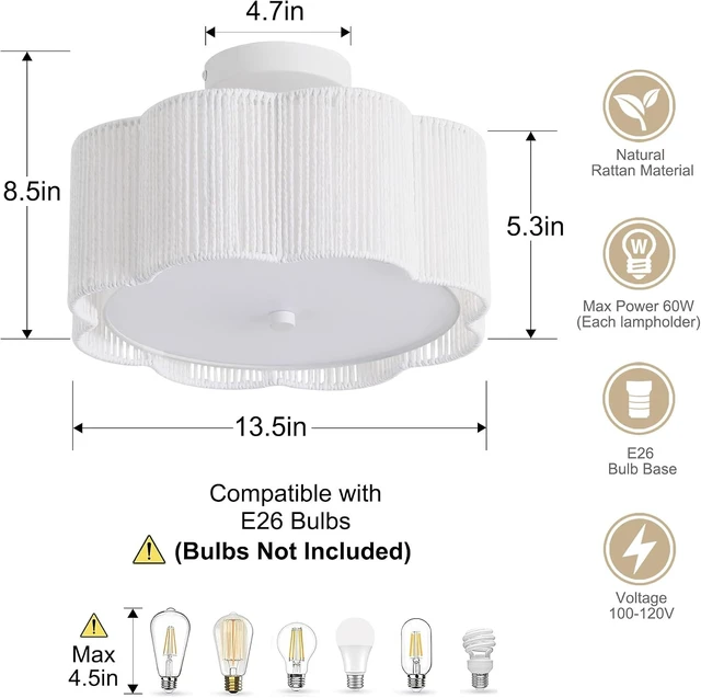 Alt view image 2 of 7 - 13.5" Rattan Ceiling Light Fixture with Fabric Shade, Boho Light Fixtures Ceiling Flush Mount, 3-Light Rattan Flower Shape Close to Ceiling Light Fixtures for Kitchen Bedroom Entry (White)