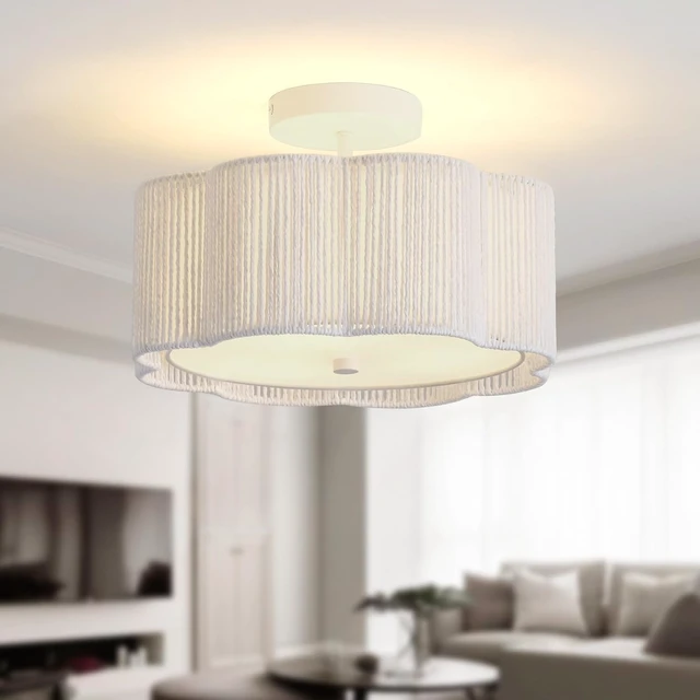Alt view image 3 of 7 - 13.5" Rattan Ceiling Light Fixture with Fabric Shade, Boho Light Fixtures Ceiling Flush Mount, 3-Light Rattan Flower Shape Close to Ceiling Light Fixtures for Kitchen Bedroom Entry (White)