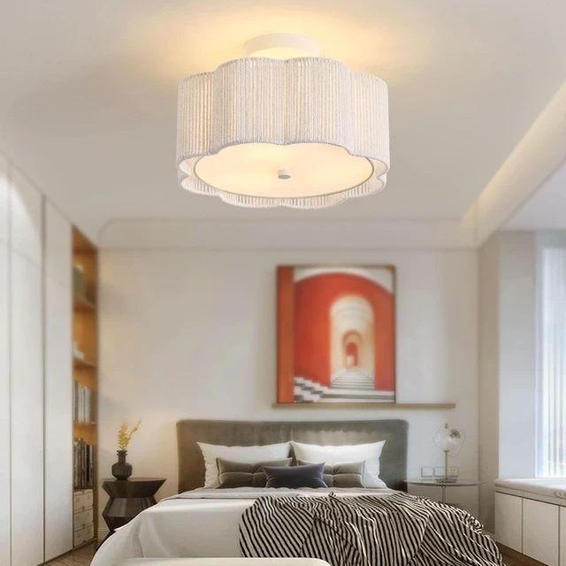 Alt view image 4 of 7 - 13.5" Rattan Ceiling Light Fixture with Fabric Shade, Boho Light Fixtures Ceiling Flush Mount, 3-Light Rattan Flower Shape Close to Ceiling Light Fixtures for Kitchen Bedroom Entry (White)