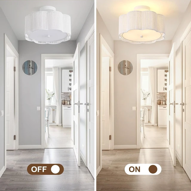 Alt view image 6 of 7 - 13.5" Rattan Ceiling Light Fixture with Fabric Shade, Boho Light Fixtures Ceiling Flush Mount, 3-Light Rattan Flower Shape Close to Ceiling Light Fixtures for Kitchen Bedroom Entry (White)