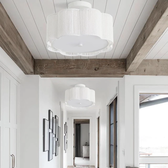 Alt view image 5 of 7 - 13.5" Rattan Ceiling Light Fixture with Fabric Shade, Boho Light Fixtures Ceiling Flush Mount, 3-Light Rattan Flower Shape Close to Ceiling Light Fixtures for Kitchen Bedroom Entry (White)