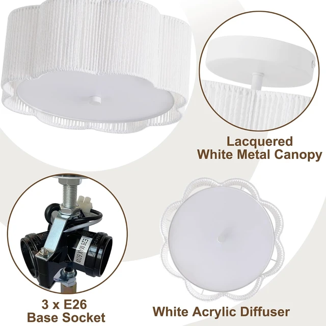 Alt view image 7 of 7 - 13.5" Rattan Ceiling Light Fixture with Fabric Shade, Boho Light Fixtures Ceiling Flush Mount, 3-Light Rattan Flower Shape Close to Ceiling Light Fixtures for Kitchen Bedroom Entry (White)