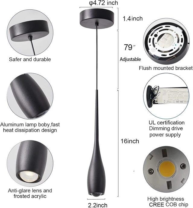 Alt view image 4 of 7 - Black Pendant Lights Kitchen Island, Modern LED Pendant Light Fixtures, Small Mini Pendant Lighting Dimmable Hanging for Bathroom, Bar, Dining Room, Bedroom2-Pack