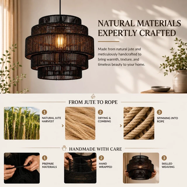 Alt view image 3 of 7 - BoostArea Boho Rattan Chandelier Light,5-Tier Hand Woven Lampshade Ceiling Pendant Light Fixture,13 Farmhouse Chandelier Hanging Light for Living Room,Kitchen Island,Bedroom,Adjustable Cord,Black