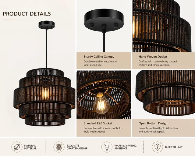 Alt view image 5 of 7 - BoostArea Boho Rattan Chandelier Light,5-Tier Hand Woven Lampshade Ceiling Pendant Light Fixture,13 Farmhouse Chandelier Hanging Light for Living Room,Kitchen Island,Bedroom,Adjustable Cord,Black
