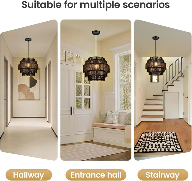 Alt view image 6 of 7 - BoostArea Boho Rattan Chandelier Light,5-Tier Hand Woven Lampshade Ceiling Pendant Light Fixture,13 Farmhouse Chandelier Hanging Light for Living Room,Kitchen Island,Bedroom,Adjustable Cord,Black