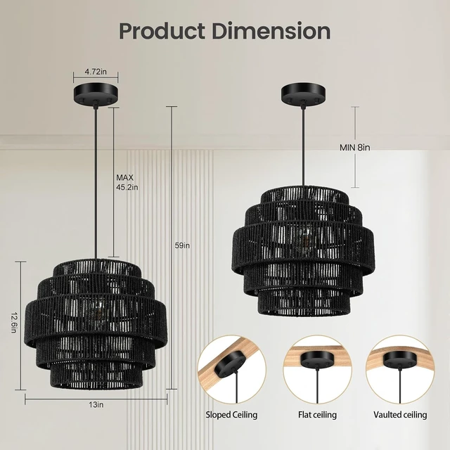 Alt view image 7 of 7 - BoostArea Boho Rattan Chandelier Light,5-Tier Hand Woven Lampshade Ceiling Pendant Light Fixture,13 Farmhouse Chandelier Hanging Light for Living Room,Kitchen Island,Bedroom,Adjustable Cord,Black