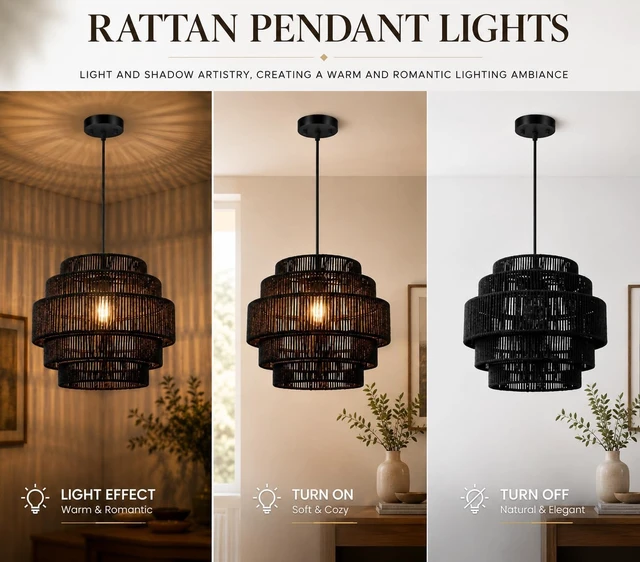 Alt view image 4 of 7 - BoostArea Boho Rattan Chandelier Light,5-Tier Hand Woven Lampshade Ceiling Pendant Light Fixture,13 Farmhouse Chandelier Hanging Light for Living Room,Kitchen Island,Bedroom,Adjustable Cord,Black