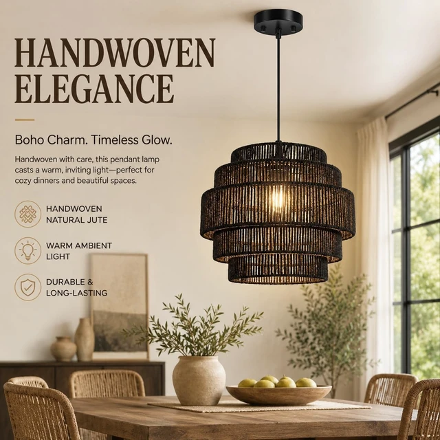 Alt view image 2 of 7 - BoostArea Boho Rattan Chandelier Light,5-Tier Hand Woven Lampshade Ceiling Pendant Light Fixture,13 Farmhouse Chandelier Hanging Light for Living Room,Kitchen Island,Bedroom,Adjustable Cord,Black