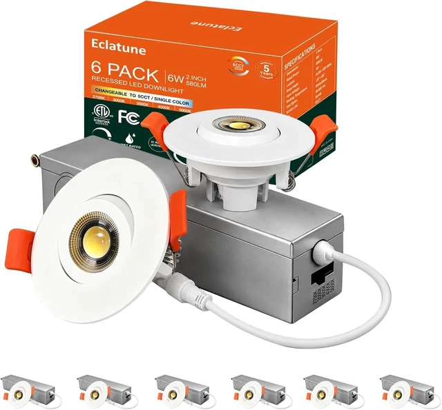 Main image of 2 Inch LED Eyeball Gimbal Recessed Light, IP44 Wafer 5CCT 6 Pack