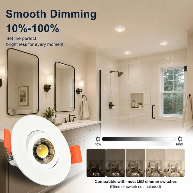 Alt view image 2 of 7 - 2 Inch LED Eyeball Gimbal Recessed Light, IP44 Wafer 5CCT 6 Pack