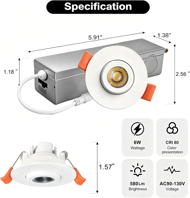 Alt view image 7 of 7 - 2 Inch LED Eyeball Gimbal Recessed Light, IP44 Wafer 5CCT 6 Pack
