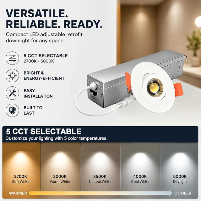 Alt view image 5 of 7 - 2 Inch LED Eyeball Gimbal Recessed Light, IP44 Wafer 5CCT 6 Pack