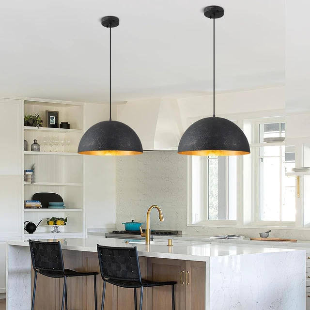 Alt view image 3 of 7 - 15.7" Farmhouse Pendant Light,Black with Gold Grain Industrial Large Dome Light Fixture,Adjustable Vintage Chandelier for Kitchen Island,Dining Room,and Bedroom
