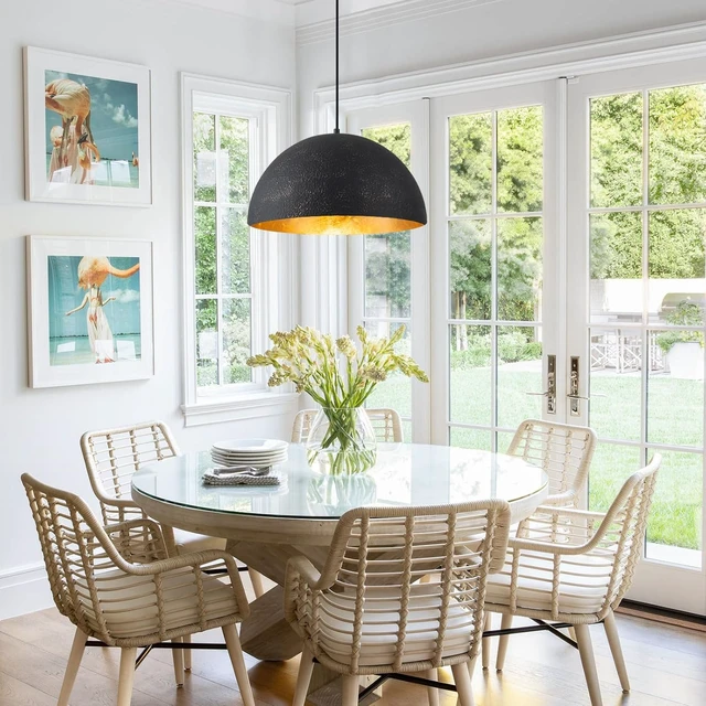 Alt view image 2 of 7 - 15.7" Farmhouse Pendant Light,Black with Gold Grain Industrial Large Dome Light Fixture,Adjustable Vintage Chandelier for Kitchen Island,Dining Room,and Bedroom