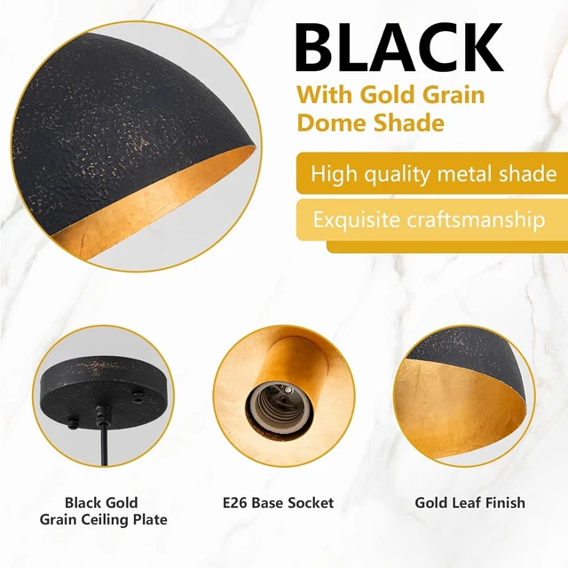 Alt view image 7 of 7 - 15.7" Farmhouse Pendant Light,Black with Gold Grain Industrial Large Dome Light Fixture,Adjustable Vintage Chandelier for Kitchen Island,Dining Room,and Bedroom