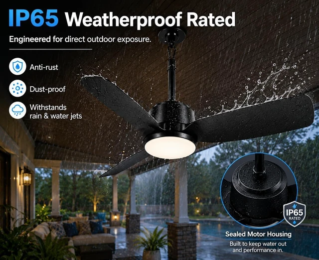 Alt view image 2 of 6 - 44'' Outdoor Ceiling Fan with Dimmable 3-Color LED Light, IP65 Waterproof for Patios Gazebos,Quiet DC Motor with 6 Speeds and Reversible Function, Remote Control for Patios, Industrial Style