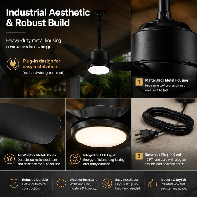 Alt view image 3 of 6 - 44'' Outdoor Ceiling Fan with Dimmable 3-Color LED Light, IP65 Waterproof for Patios Gazebos,Quiet DC Motor with 6 Speeds and Reversible Function, Remote Control for Patios, Industrial Style