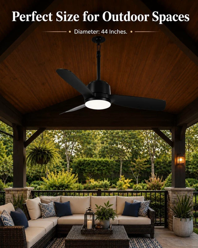 Alt view image 5 of 6 - 44'' Outdoor Ceiling Fan with Dimmable 3-Color LED Light, IP65 Waterproof for Patios Gazebos,Quiet DC Motor with 6 Speeds and Reversible Function, Remote Control for Patios, Industrial Style