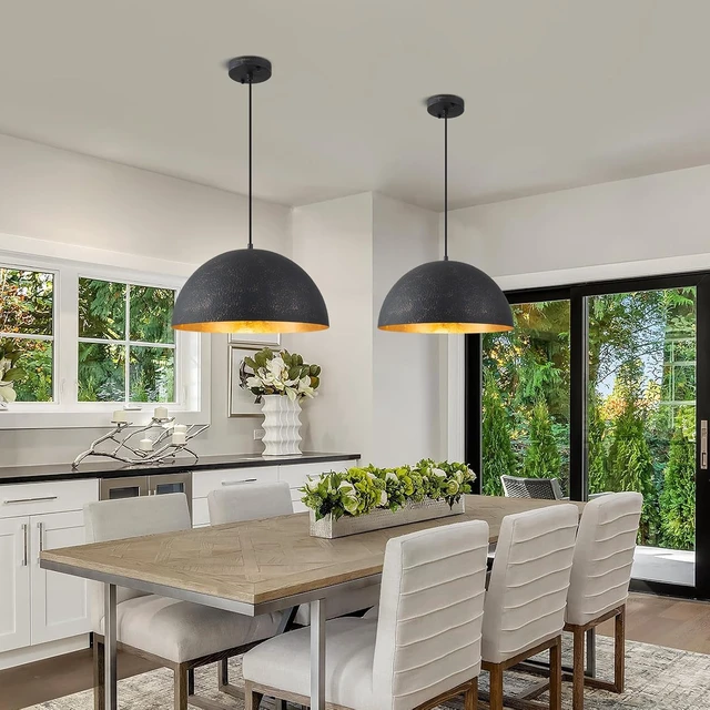 Alt view image 4 of 7 - 15.7" Farmhouse Pendant Light,Black with Gold Grain Industrial Large Dome Light Fixture,Adjustable Vintage Chandelier for Kitchen Island,Dining Room,and Bedroom