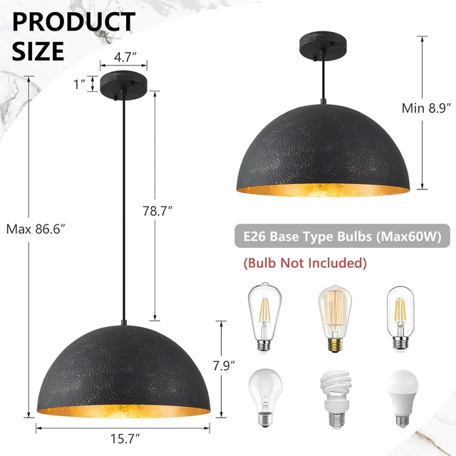 Alt view image 6 of 7 - 15.7" Farmhouse Pendant Light,Black with Gold Grain Industrial Large Dome Light Fixture,Adjustable Vintage Chandelier for Kitchen Island,Dining Room,and Bedroom