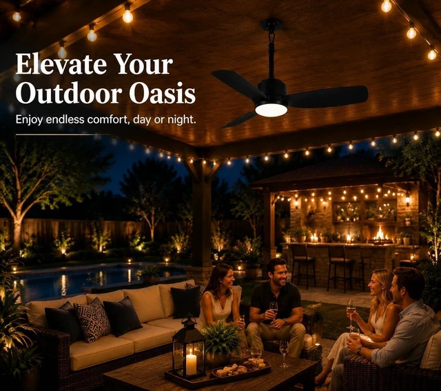 Alt view image 6 of 6 - 44'' Outdoor Ceiling Fan with Dimmable 3-Color LED Light, IP65 Waterproof for Patios Gazebos,Quiet DC Motor with 6 Speeds and Reversible Function, Remote Control for Patios, Industrial Style