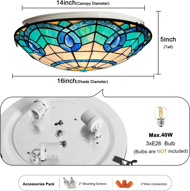 Alt view image 6 of 7 - ARTZONE Tiffany Ceiling Lights, Stained Glass Ceiling Light 3-Lights 16 Inch Tiffany Flush Mount Ceiling Light for Bedroom Dining Living Room Entryway Foyer